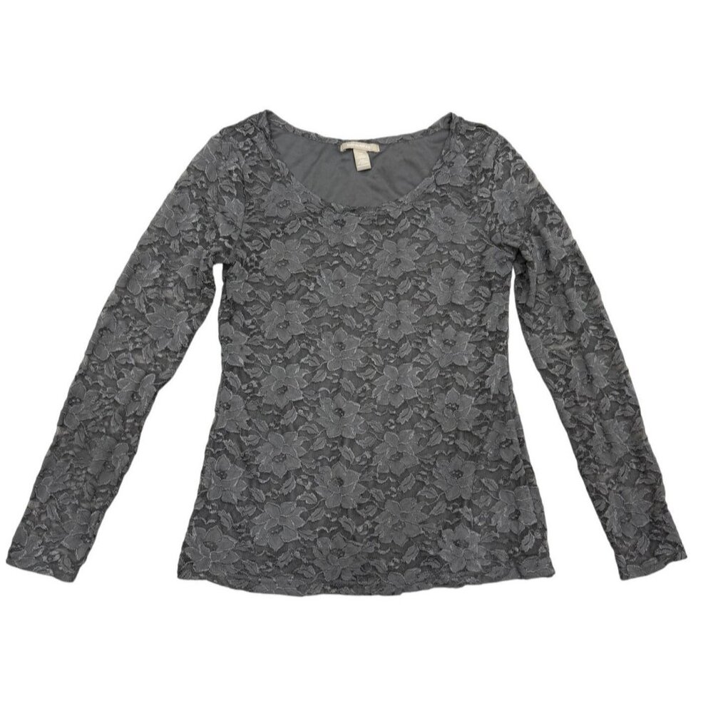 Banana Republic Womens Gray Floral Lace Overlay Sheer Long Sleeve Top M EUC